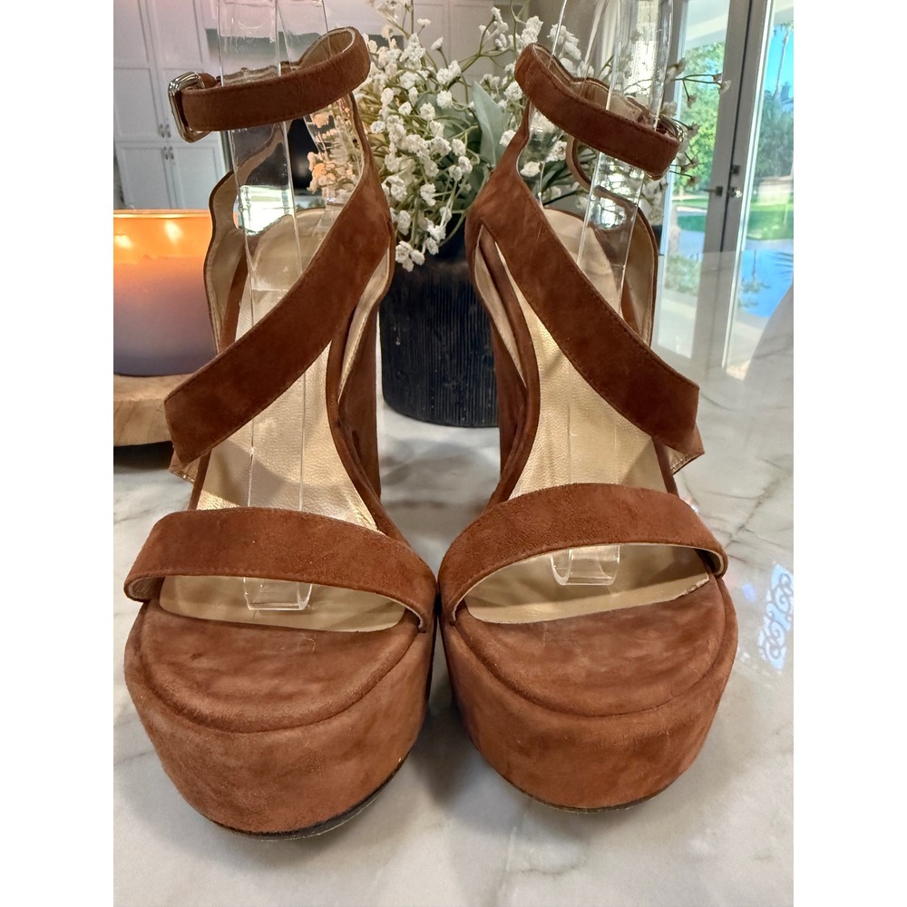 Stuart Weitzman Brown Suede Saucy Platform Wedge Sandals Ankle Strap Heels 9.5 M